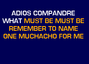 ADIOS COMPANDRE
WHAT MUST BE MUST BE
REMEMBER T0 NAME
ONE MUCHACHO FOR ME
