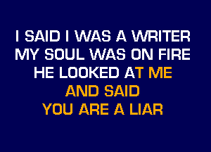 I SAID I WAS A WRITER
MY SOUL WAS ON FIRE
HE LOOKED AT ME
AND SAID
YOU ARE A LIAR