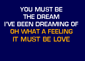 YOU MUST BE
THE DREAM
I'VE BEEN DREAMING OF
DH WHAT A FEELING

IT MUST BE LOVE