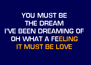 YOU MUST BE
THE DREAM
I'VE BEEN DREAMING OF
DH WHAT A FEELING
IT MUST BE LOVE