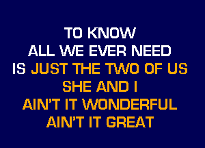 TO KNOW
ALL WE EVER NEED
IS JUST THE TWO OF US
SHE AND I
AIN'T IT WONDERFUL
AIN'T IT GREAT