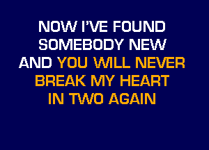 NOW I'VE FOUND
SOMEBODY NEW
AND YOU WILL NEVER
BREAK MY HEART
IN TWO AGAIN