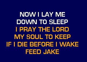 NOWI LAY ME
DOWN TO SLEEP
I PRAY THE LORD
MY SOUL TO KEEP
IF I DIE BEFORE I WAKE
FEED JAKE