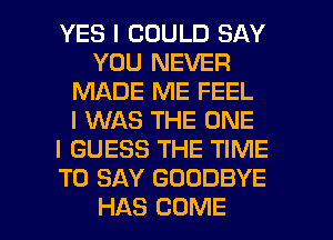 YES I COULD SAY
YOU NEVER
MADE ME FEEL
I WAS THE ONE
I GUESS THE TIME
TO SAY GOODBYE

HAS COME l