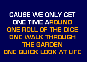 CAUSE WE ONLY GET
ONE TIME AROUND
ONE ROLL OF THE DICE
ONE WALK THROUGH
THE GARDEN
ONE QUICK LOOK AT LIFE