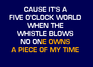 CAUSE ITS A
FIVE O'CLOCK WORLD
WHEN THE
WHISTLE BLOWS
NO ONE OWNS
A PIECE OF MY TIME