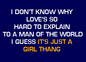 I DON'T KNOW WHY
LOVE'S SO
HARD TO EXPLAIN
TO A MAN OF THE WORLD
I GUESS ITS JUST A
GIRL THANG