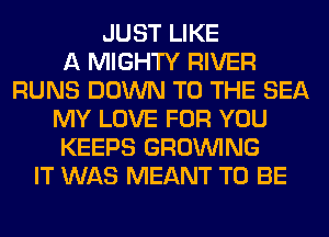 JUST LIKE
A MIGHTY RIVER
RUNS DOWN TO THE SEA
MY LOVE FOR YOU
KEEPS GROWING
IT WAS MEANT TO BE