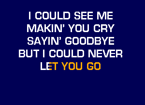 I COULD SEE ME
MAKIN' YOU CRY
SAYIN' GOODBYE
BUT I COULD NEVER
LET YOU GO