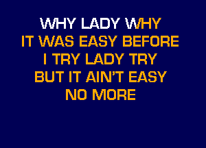 WHY LADY WHY
IT WAS EASY BEFORE
I TRY LADY TRY
BUT IT AIN'T EASY
NO MORE