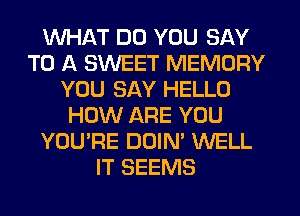 WHAT DO YOU SAY
TO A SWEET MEMORY
YOU SAY HELLO
HOW ARE YOU
YOU'RE DOIN' WELL
IT SEEMS