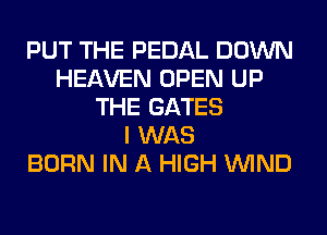 PUT THE PEDAL DOWN
HEAVEN OPEN UP
THE GATES
I WAS
BORN IN A HIGH WIND