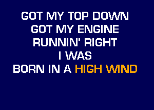 GOT MY TOP DOWN
GOT MY ENGINE
RUNNIN' RIGHT

I WAS
BORN IN A HIGH WIND