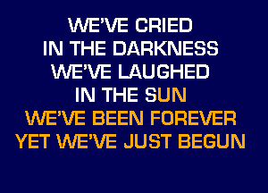 WE'VE CRIED
IN THE DARKNESS
WE'VE LAUGHED
IN THE SUN
WE'VE BEEN FOREVER
YET WE'VE JUST BEGUN