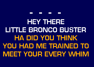 HEY THERE
LITI'LE BRONCO BUSTER
HA DID YOU THINK
YOU HAD ME TRAINED TO
MEET YOUR EVERY VVHIM