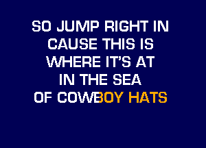 SO JUMP RIGHT IN
CAUSE THIS IS
WHERE IT'S AT

IN THE SEA
OF COWBOY HATS