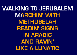 WALKING T0 JERUSALEM
MARCHIM WITH
METHUSELAH
READIN' SIGNS
IN ARABIC
AND RAVIN'

LIKE A LU NATIC