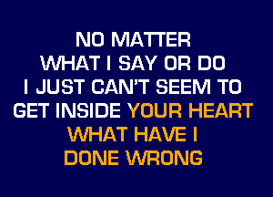 NO MATTER
INHAT I SAY 0R DO
I JUST CAN'T SEEM TO
GET INSIDE YOUR HEART
INHAT HAVE I
DONE WRONG