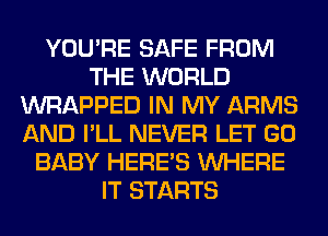 YOU'RE SAFE FROM
THE WORLD
WRAPPED IN MY ARMS
AND I'LL NEVER LET GO
BABY HERES WHERE
IT STARTS