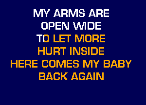 MY ARMS ARE
OPEN WIDE
TO LET MORE
HURT INSIDE
HERE COMES MY BABY
BACK AGAIN