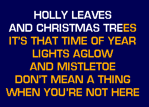 HOLLY LEAVES
AND CHRISTMAS TREES
ITS THAT TIME OF YEAR
LIGHTS AGLOW
AND MISTLETOE
DON'T MEAN A THING
WHEN YOU'RE NOT HERE