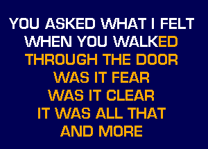 YOU ASKED WHAT I FELT
WHEN YOU WALKED
THROUGH THE DOOR

WAS IT FEAR
WAS IT CLEAR
IT WAS ALL THAT
AND MORE