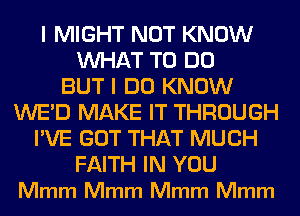 I MIGHT NOT KNOW
WHAT TO DO
BUT I DO KNOW
WE'D MAKE IT THROUGH
I'VE GOT THAT MUCH

FAITH IN YOU
Mmm Mmm Mmm Mmm