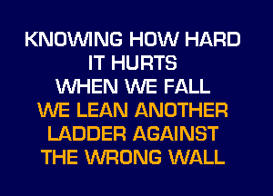 KNOWNG HOW HARD
IT HURTS
WHEN WE FALL
WE LEAN ANOTHER
LADDER AGAINST
THE WRONG WALL