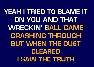 YEAH I TRIED TO BLAME IT
ON YOU AND THAT
WRECKIN' BALL CAME

CRASHING THROUGH
BUT VUHEN THE DUST
CLEARED
I SAW THE TRUTH
