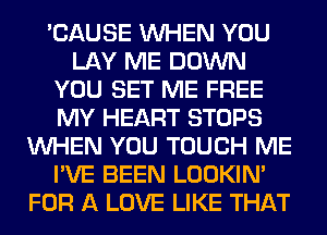 'CAUSE WHEN YOU
LAY ME DOWN
YOU SET ME FREE
MY HEART STOPS
WHEN YOU TOUCH ME
I'VE BEEN LOOKIN'
FOR A LOVE LIKE THAT