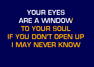 YOUR EYES
ARE A WINDOW
TO YOUR SOUL
IF YOU DON'T OPEN UP
I MAY NEVER KNOW
