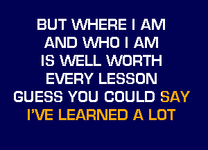 BUT WHERE I AM
AND WHO I AM
IS WELL WORTH
EVERY LESSON
GUESS YOU COULD SAY
I'VE LEARNED A LOT