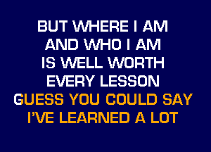 BUT WHERE I AM
AND WHO I AM
IS WELL WORTH
EVERY LESSON
GUESS YOU COULD SAY
I'VE LEARNED A LOT