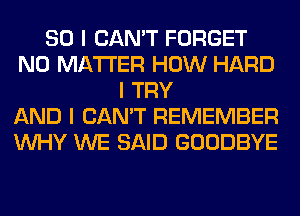 SO I CAN'T FORGET
NO MATTER HOW HARD
I TRY
AND I CAN'T REMEMBER
INHY WE SAID GOODBYE