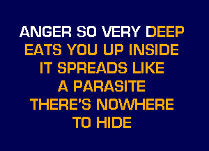 ANGER SD VERY DEEP
EATS YOU UP INSIDE
IT SPREADS LIKE
A PARASITE
THERE'S NOWHERE
T0 HIDE