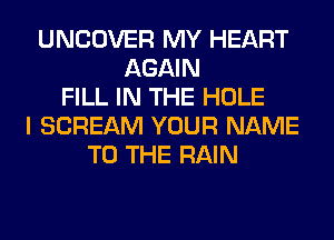 UNCOVER MY HEART
AGAIN
FILL IN THE HOLE
I SCREAM YOUR NAME
TO THE RAIN