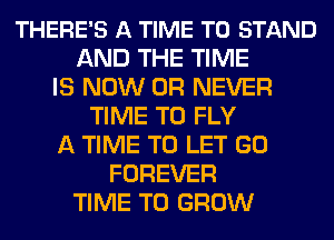 THERE'S A TIME TO STAND
AND THE TIME
IS NOW 0R NEVER
TIME TO FLY
A TIME TO LET GO
FOREVER
TIME TO GROW