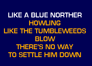 LIKE A BLUE NORTHER
HOWLING
LIKE THE TUMBLEWEEDS
BLOW
THERE'S NO WAY
TO SETTLE HIM DOWN