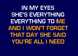 IN MY EYES
SHE'S EVERYTHING
EVERYTHING TO ME

AND I WONT FORGET
THAT DAY SHE SAID
YOU'RE ALL I NEED