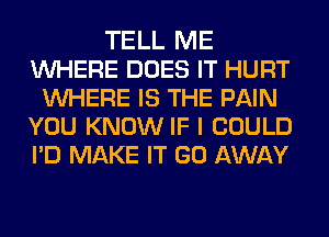 TELL ME
WHERE DOES IT HURT
WHERE IS THE PAIN
YOU KNOW IF I COULD
PD MAKE IT GO AWAY