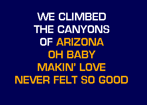 WE CLIMBED
THE CANYONS
OF ARIZONA
0H BABY
MAKIN' LOVE
NEVER FELT SO GOOD