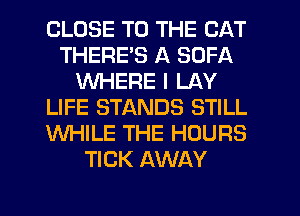 CLOSE TO THE CAT
THERE'S A SOFA
WHERE I LAY
LIFE STANDS STILL
WHILE THE HOURS
TICK AWAY