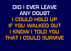 DID I EVER LEAVE
ANY DOUBT
I COULD HOLD UP
IF YOU WALKED OUT
I KNOWI TOLD YOU
THAT I COULD SURVIVE