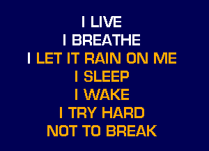 I LIVE
I BREATHE
I LET IT RAIN ON ME

I SLEEP
I WAKE
I TRY HARD
NOT TO BREAK