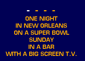 ONE NIGHT
IN NEW ORLEANS
ON A SUPER BOWL
SUNDAY
IN A BAR
VUITH A BIG SCREEN T.V.