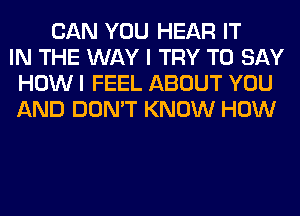 CAN YOU HEAR IT
IN THE WAY I TRY TO SAY
HOW I FEEL ABOUT YOU
AND DON'T KNOW HOW