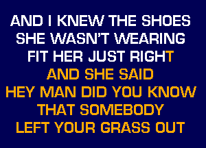 AND I KNEW THE SHOES
SHE WASN'T WEARING
FIT HER JUST RIGHT
AND SHE SAID
HEY MAN DID YOU KNOW
THAT SOMEBODY
LEFT YOUR GRASS OUT