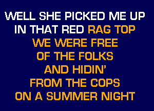 WELL SHE PICKED ME UP
IN THAT RED RAG TOP
WE WERE FREE
OF THE FOLKS
AND HIDIN'

FROM THE COPS
ON A SUMMER NIGHT