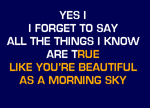YES I
I FORGET TO SAY
ALL THE THINGS I KNOW
ARE TRUE
LIKE YOU'RE BEAUTIFUL
AS A MORNING SKY