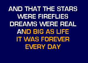 AND THAT THE STARS
WERE FIREFLIES
DREAMS WERE REAL
AND BIG AS LIFE
IT WAS FOREVER
EVERY DAY